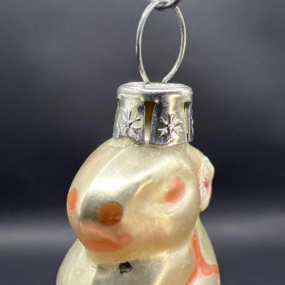 Vintage Czech Republic Glass Mini Bunny Rabbit Christmas Ornament Snowflake Cap